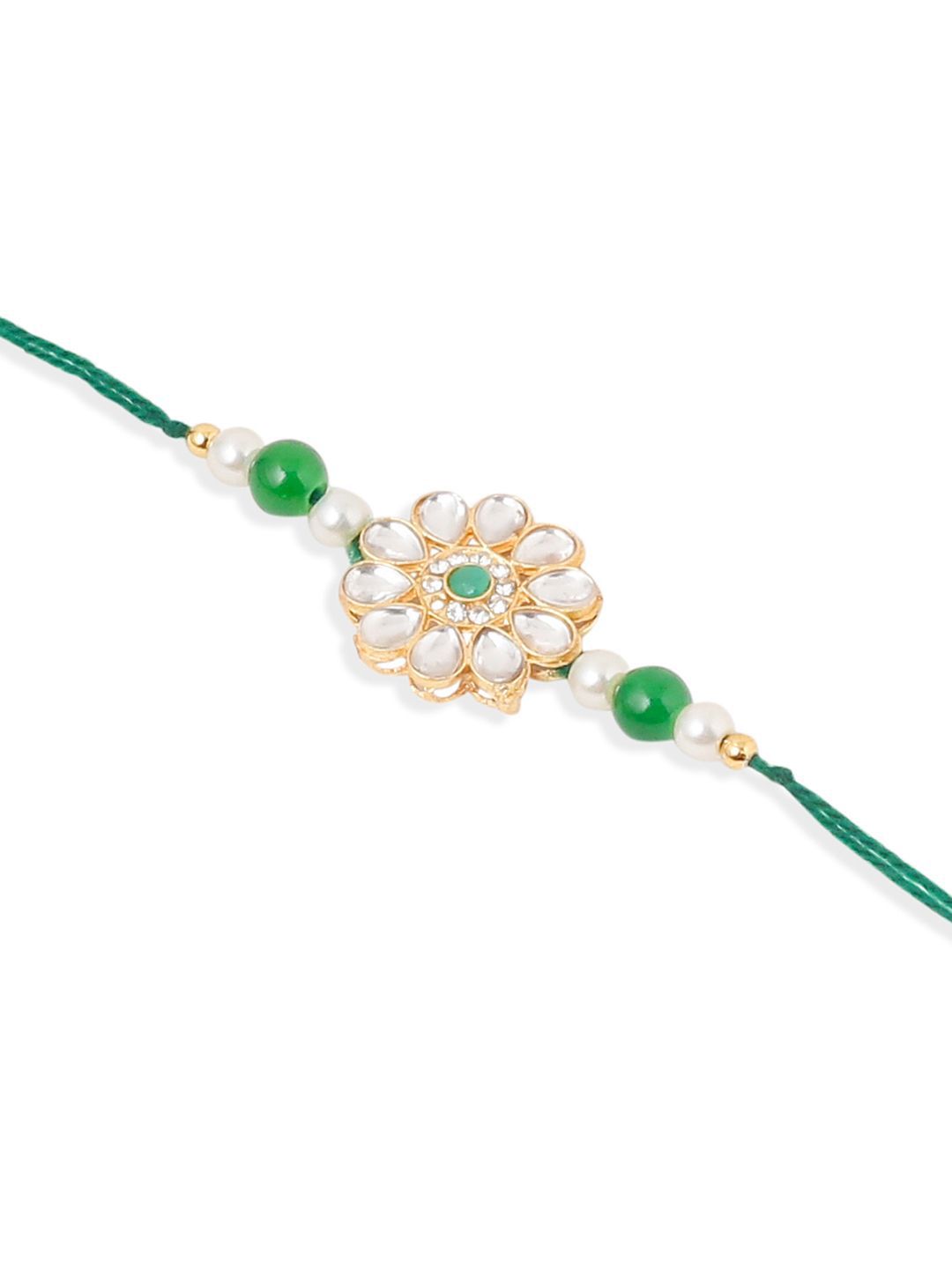 Dhiyona Set Of 2 Kundan Floral Design Gold Toned Bhaiya Bhabhi Rakhi Set With Roli Chawal