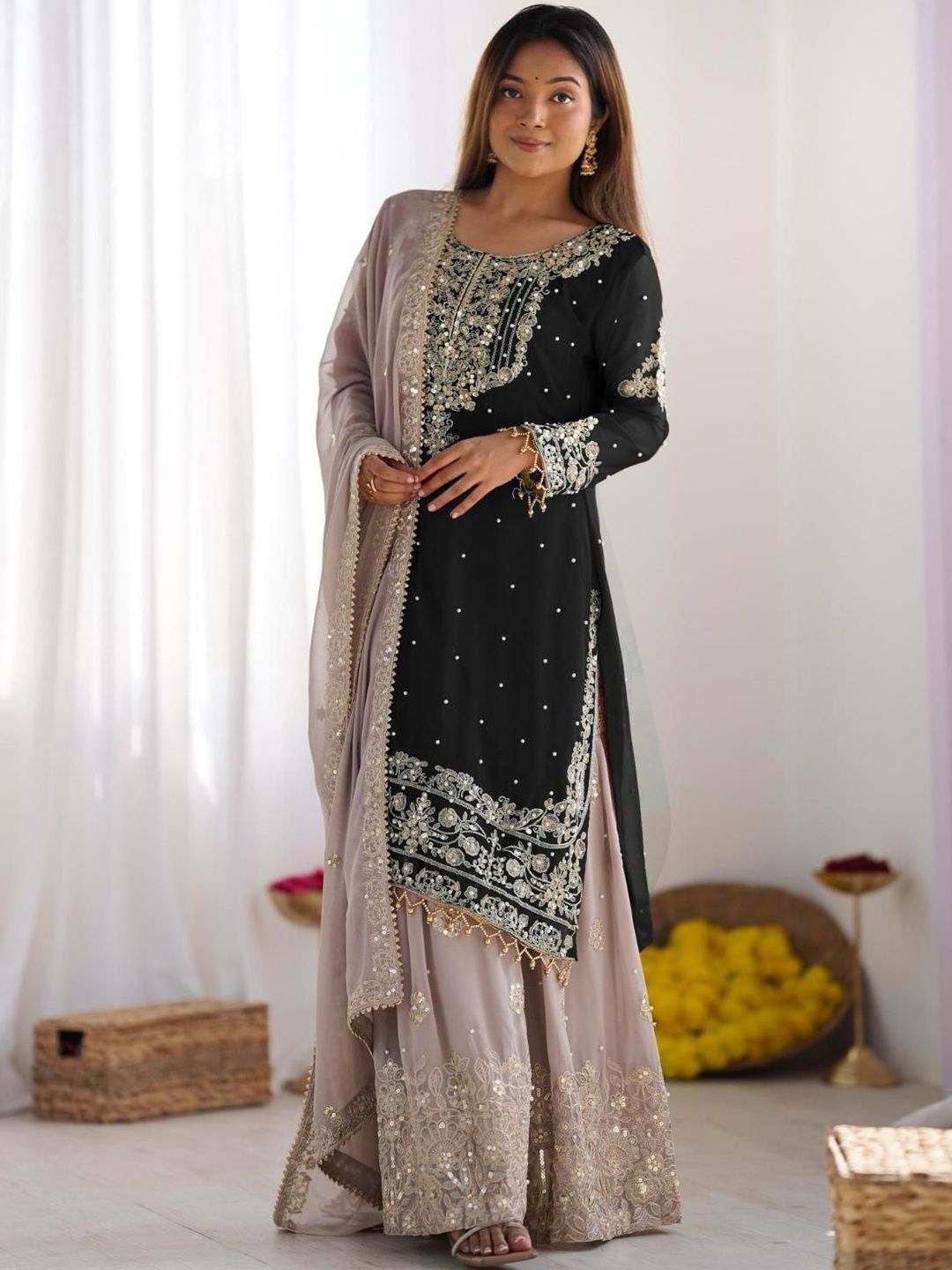 Dhiyona KL Women Ethnic Motifs Embroidered Regular Sequinned Kurta with Sharara & With Dupatta