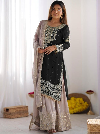 Dhiyona KL Women Ethnic Motifs Embroidered Regular Sequinned Kurta with Sharara & With Dupatta
