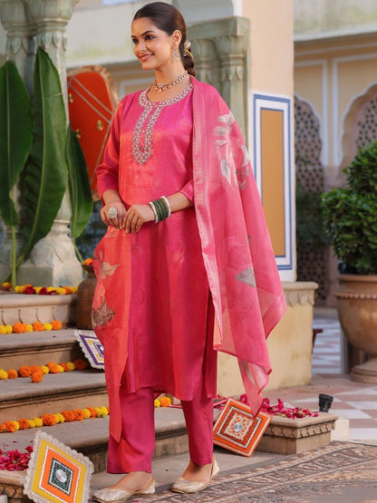 Dhiyona RR Women's Floral Printed Regular Thread Work Pure Cotton Kurta with Trousers & With Dupatta