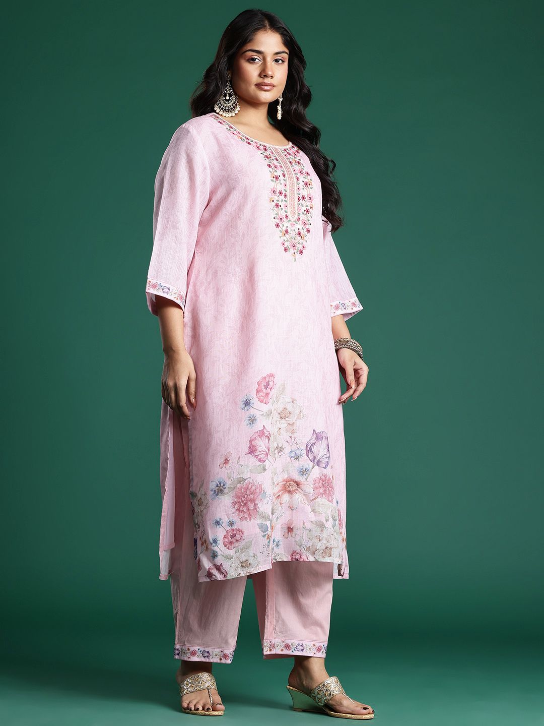 Dhiyona Women's Plus Size Floral Print Thread Work Kurta with Palazzos & Dupatta