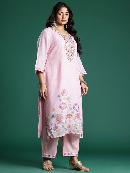 Dhiyona Women's Plus Size Floral Print Thread Work Kurta with Palazzos & Dupatta