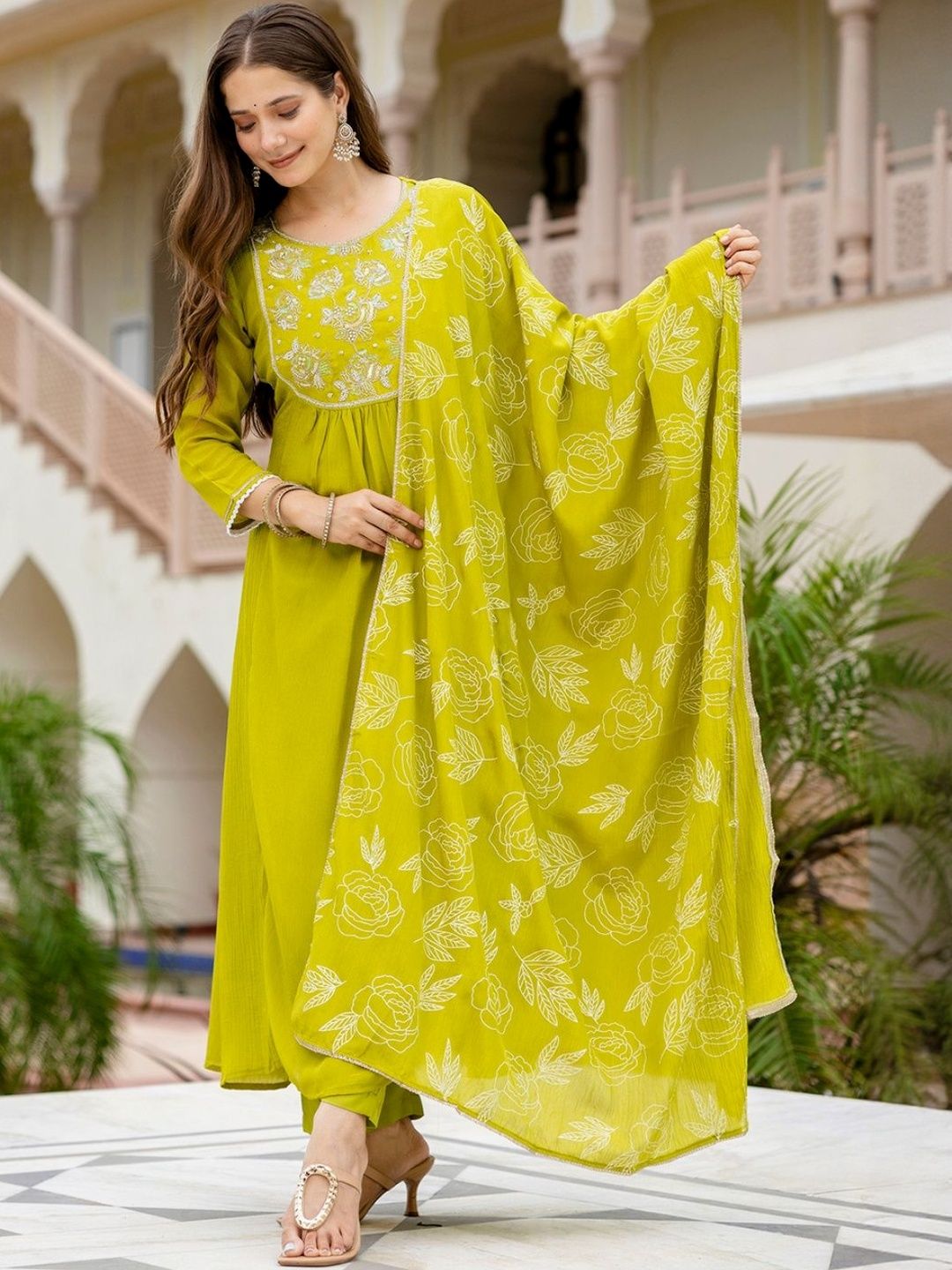 Dhiyona KL Floral Embroidered Empire Sequinned A-Line Kurta With Trousers & Dupatta