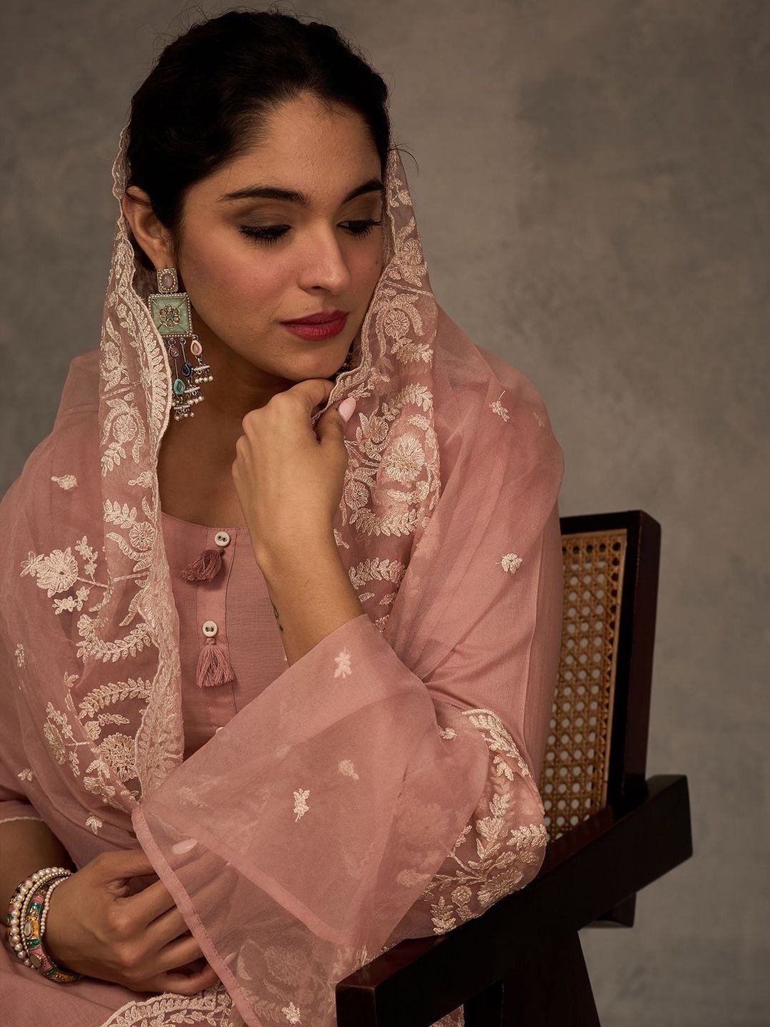Women Ethnic Motifs Embroidered Regular Thread Work Pure Cotton Kurta with Trousers & With Dupatta