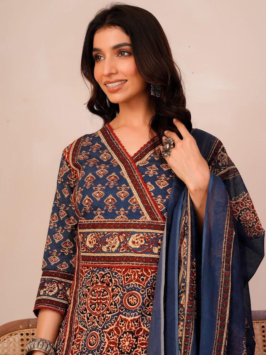Women Ethnic Motifs Printed Angrakha Pure Cotton Kurta with Trousers & With Dupatta
