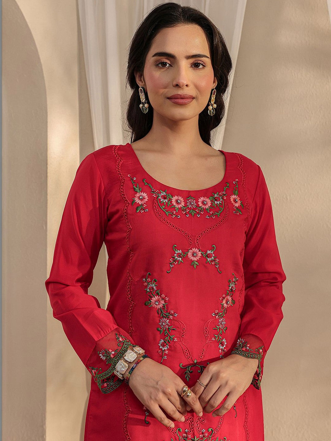 Red Floral Embroidered Straight Suit Set with Dupatta