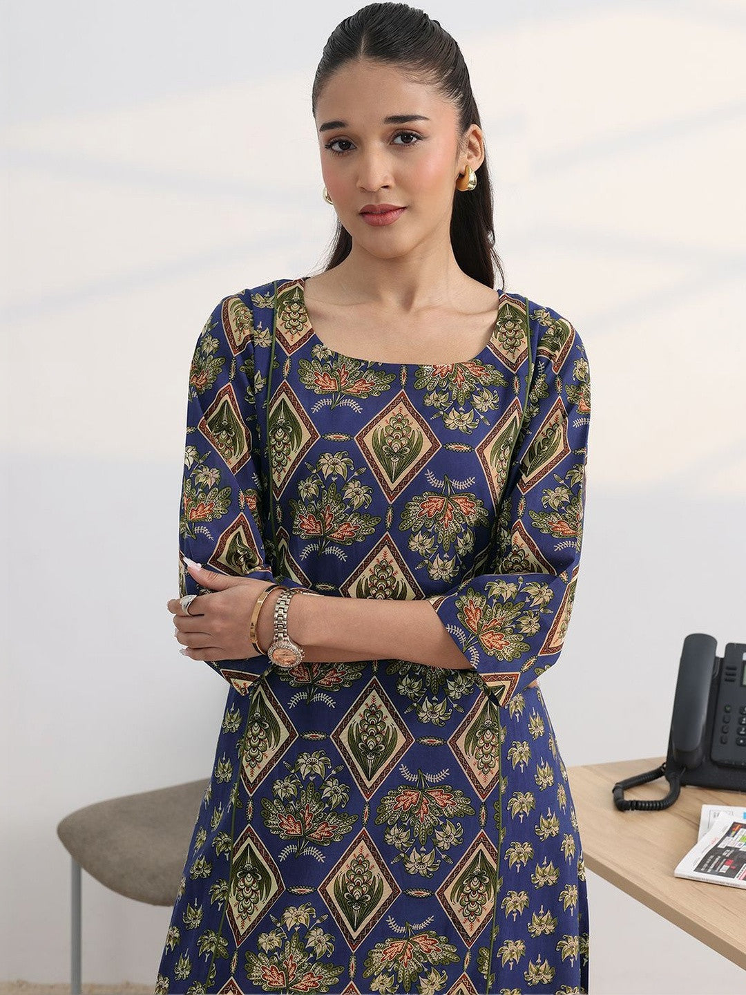 Libas Blue Floral Printed Cotton Blend A-Line Kurta Set