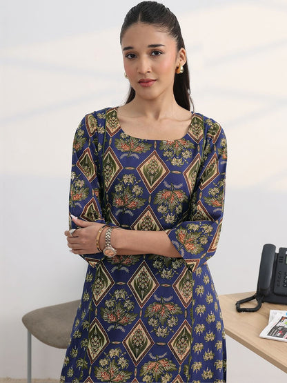 Libas Blue Floral Printed Cotton Blend A-Line Kurta Set