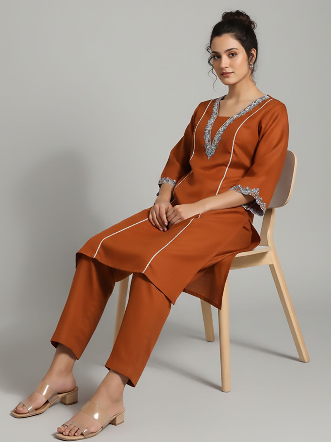 Rust Embroidered Tunic & Trousers Co-Ords Set