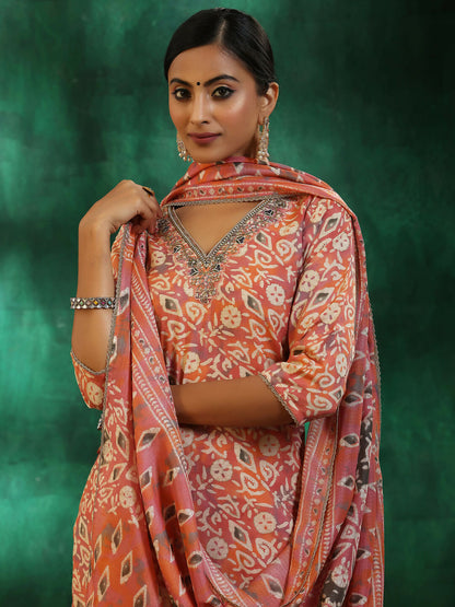 Women's LB Peach Printed Silk Blend Straight Suit With Dupatta