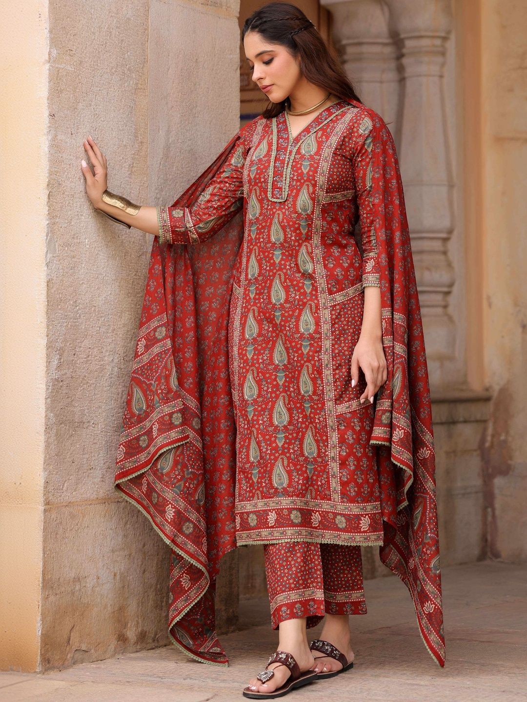 Dhiyona RR Women's Ethnic Motifs Printed Pleated Pure Cotton Kurta with Trousers & With Dupatta