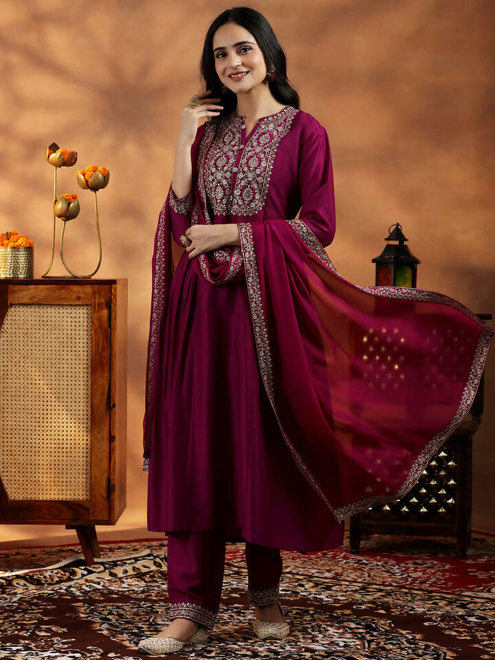 Women's LB Maroon Yoke Design Silk Blend A-Line Kurta With Palazzos & Dupatta