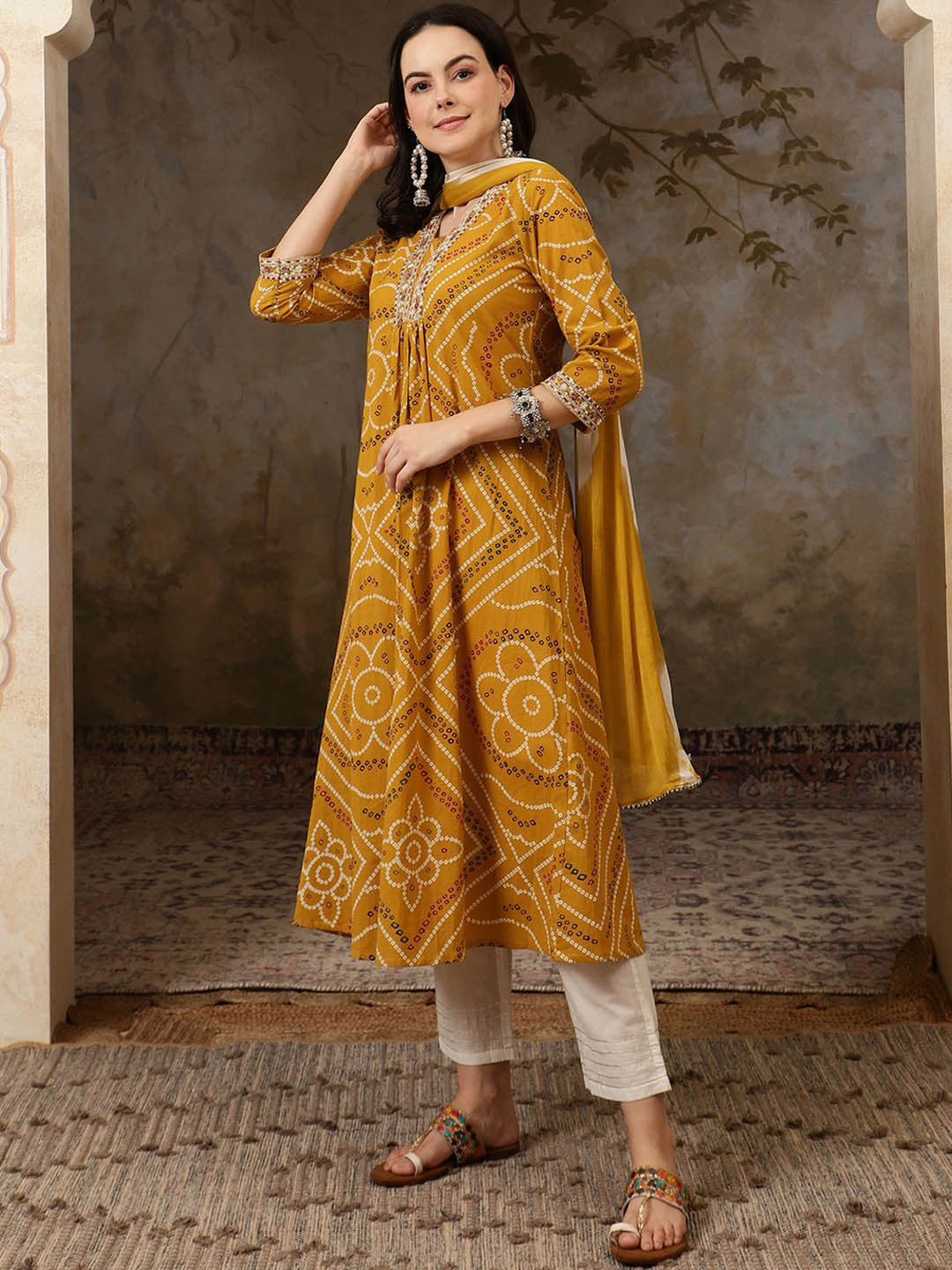 Yellow Bandhani Printed Pure Cotton Anarkali Kurta With Trousers & Dupatta