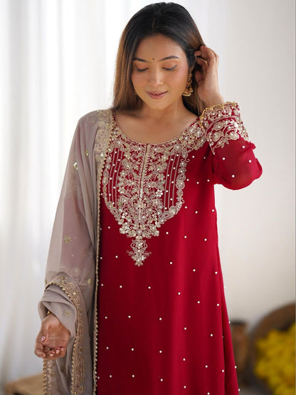 Dhiyona KL Women Ethnic Motifs Embroidered Regular Sequinned Kurta with Sharara & With Dupatta