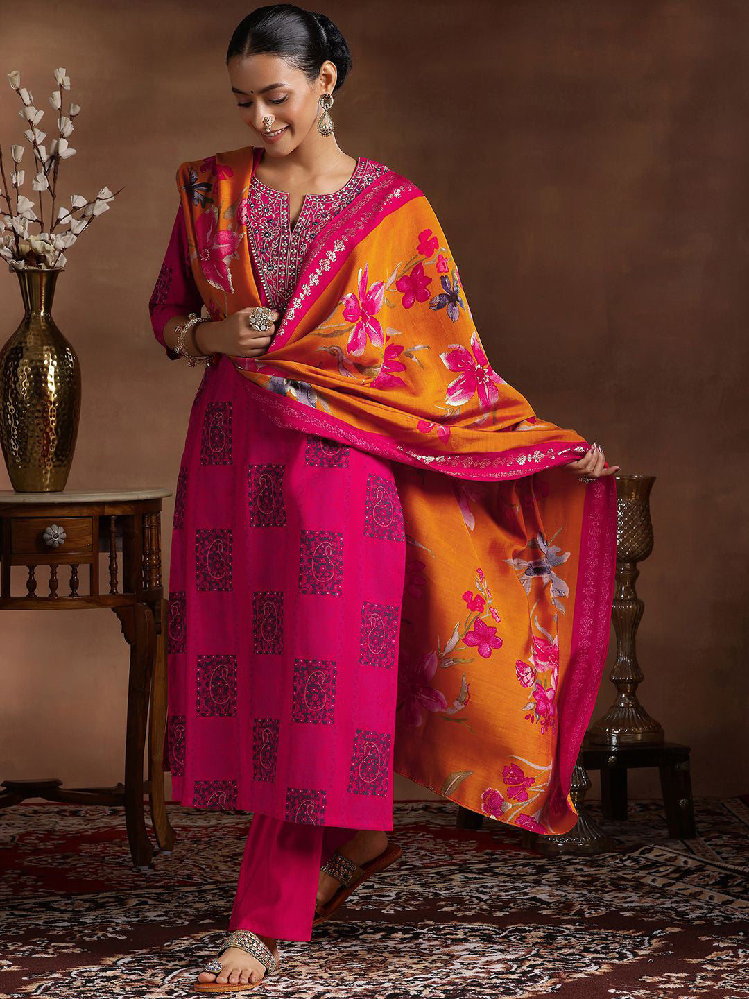 Paisley Printed Thread Work Kurta with Trousers & Dupatta