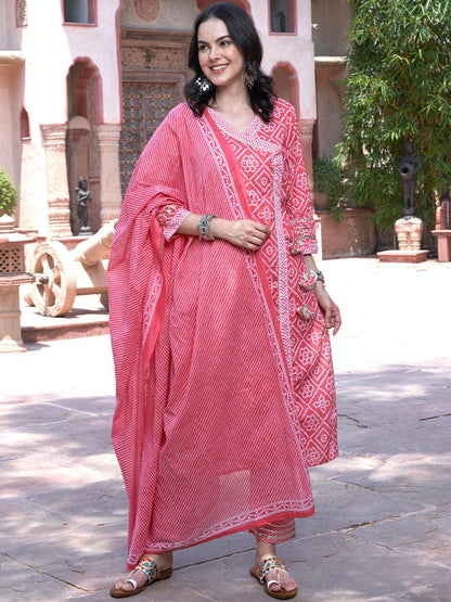 Peach Bandhani Printed V Neck Pure Cotton Angrakha Kurta With Trouser And Dupatta