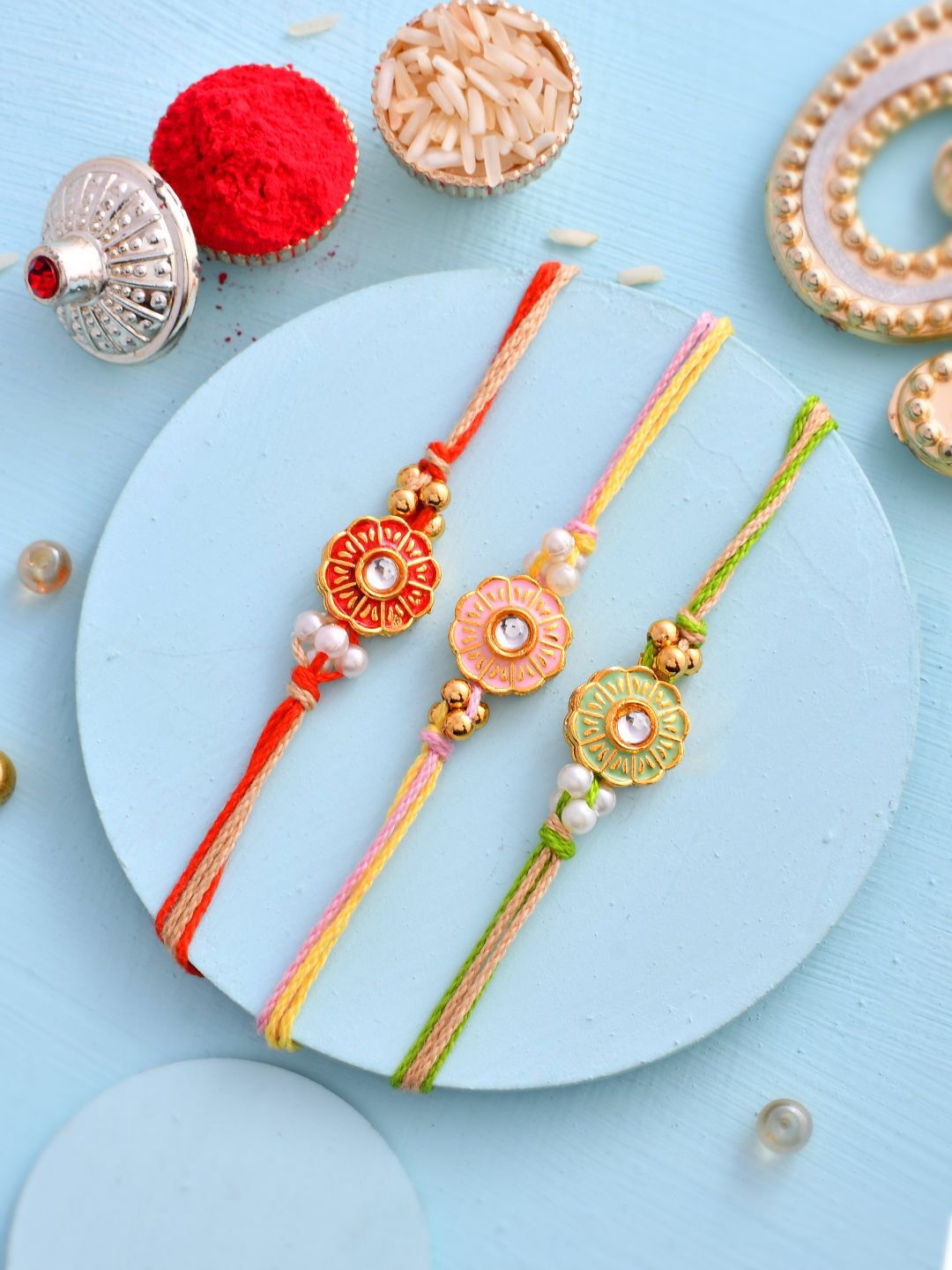 Dhiyona Red Set of 3 Kundan-Studded & Beaded Thread Rakhi