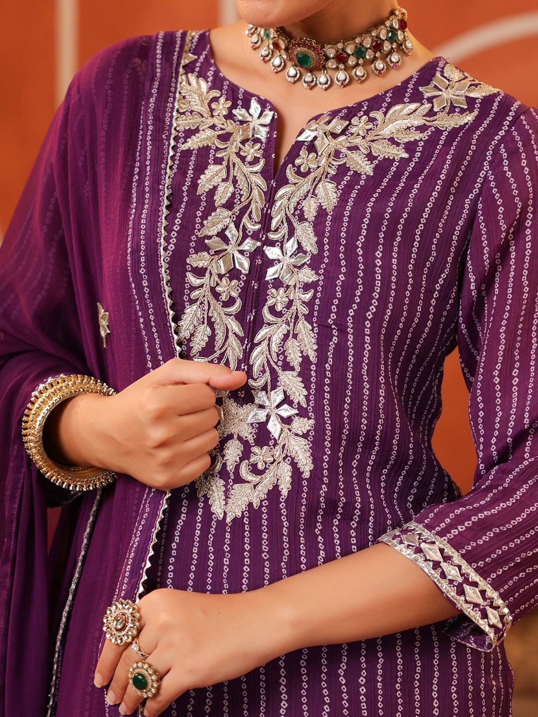 Dhiyona SC Bandhani Printed Gotta Patti Straight Kurta with Sharara & Dupatta