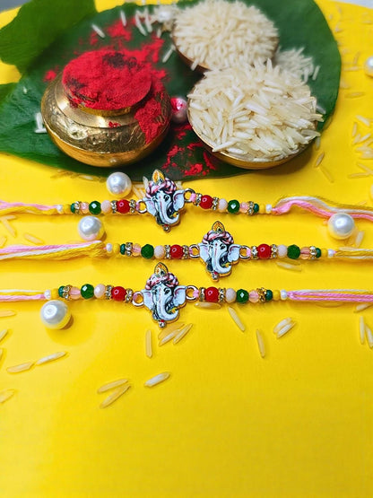 Dhiyona Set Of 3 Beaded Cotton Thread with AD Stones & Meenakari Designer Rakhi for Brother