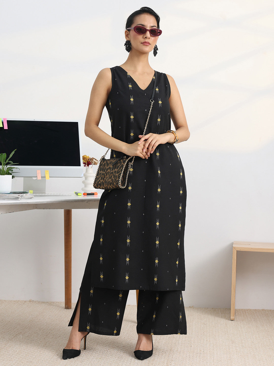 Libas Black Woven Design Straight Kurta Set