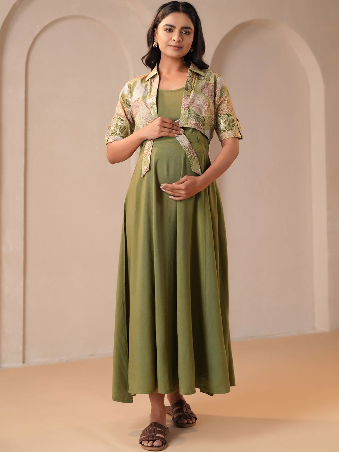 Dhiyona AY Women's Printed Fit & Flared Maternity Ethnic Dresses With Jacket