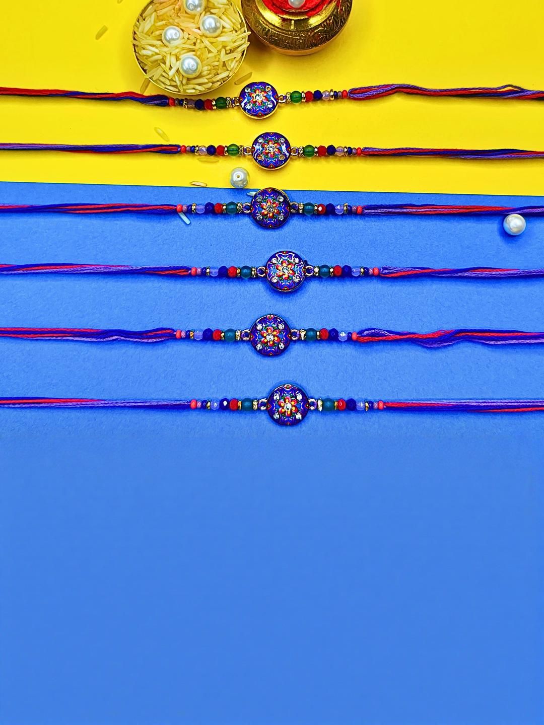 Dhiyona Set Of 6 Beaded Cotton Thread with AD Stones & Meenakari Designer Rakhi for Brother