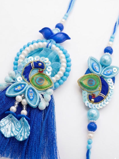Dhiyona Set Of 2 Peacock Design Bhaiya Bhabhi Rakhi With Roli Chawal Chandan Mishri