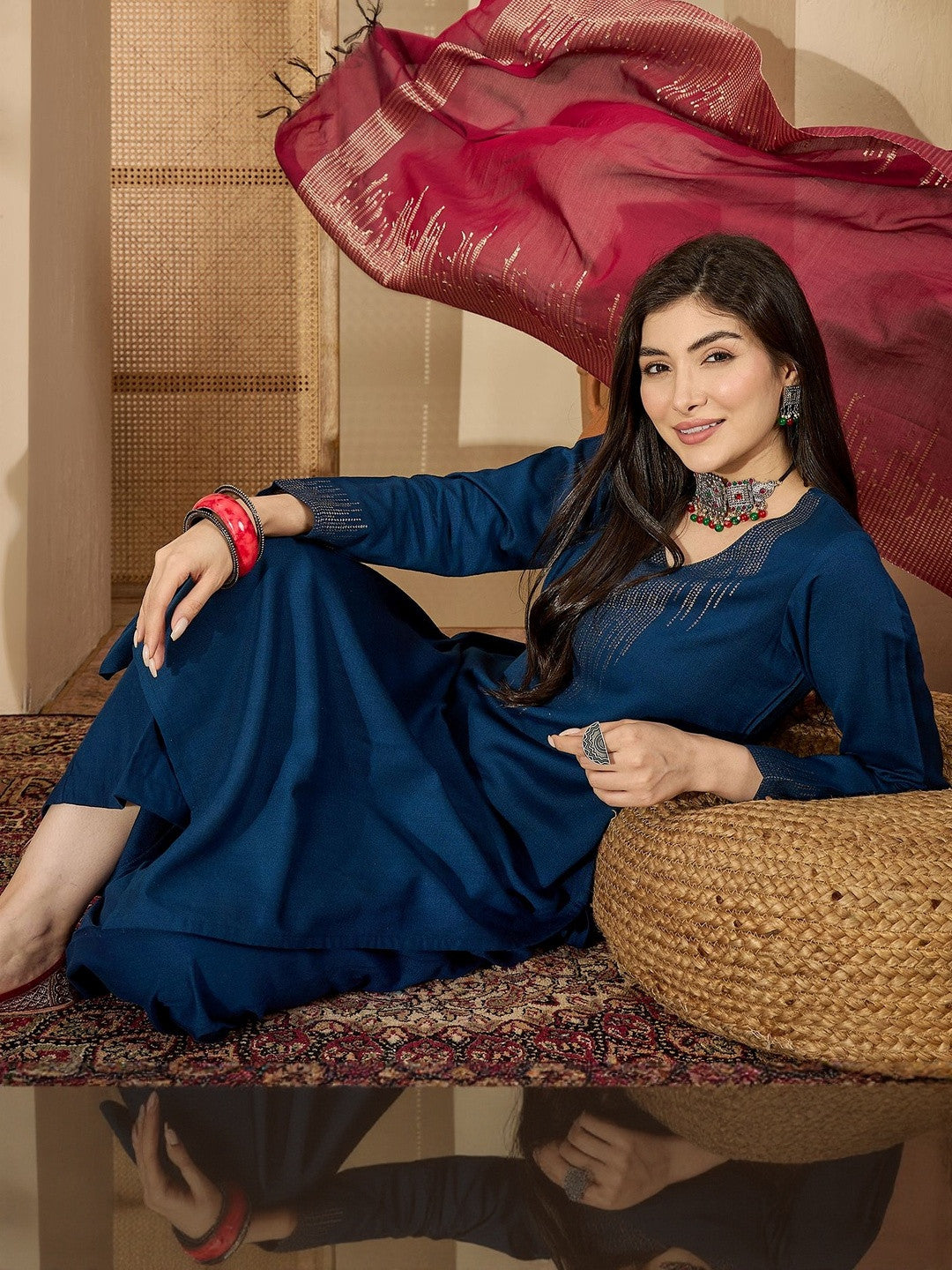 Women Winter Pashmina Woven Design Yoke Design Kurta With Palazzos & Dupatta