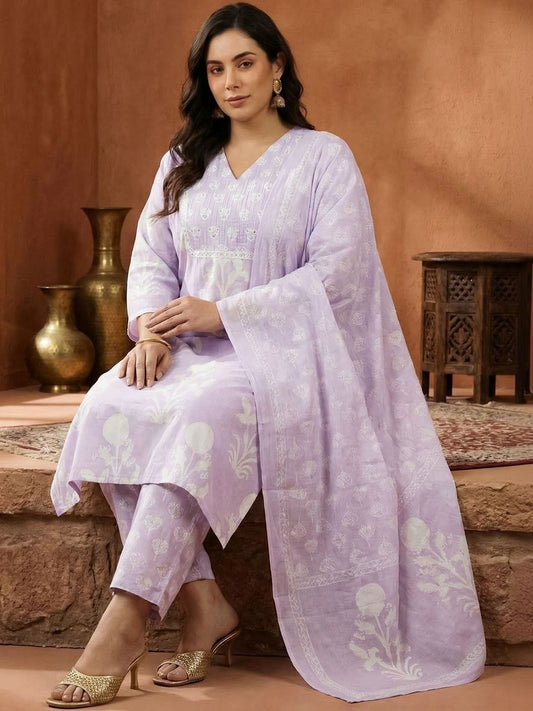 Dhiyona Women's Floral Printed Regular Patchwork Pure Cotton Kurta with Trousers & Dupatta