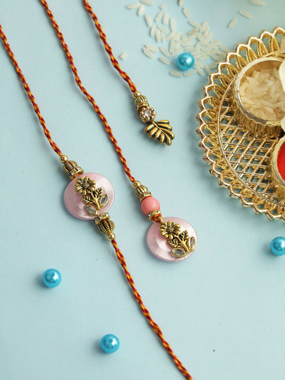 Dhiyona Pink Stone Studded & Beaded Floral Bhaiya Bhabhi Thread Rakhis With Roli Chawal
