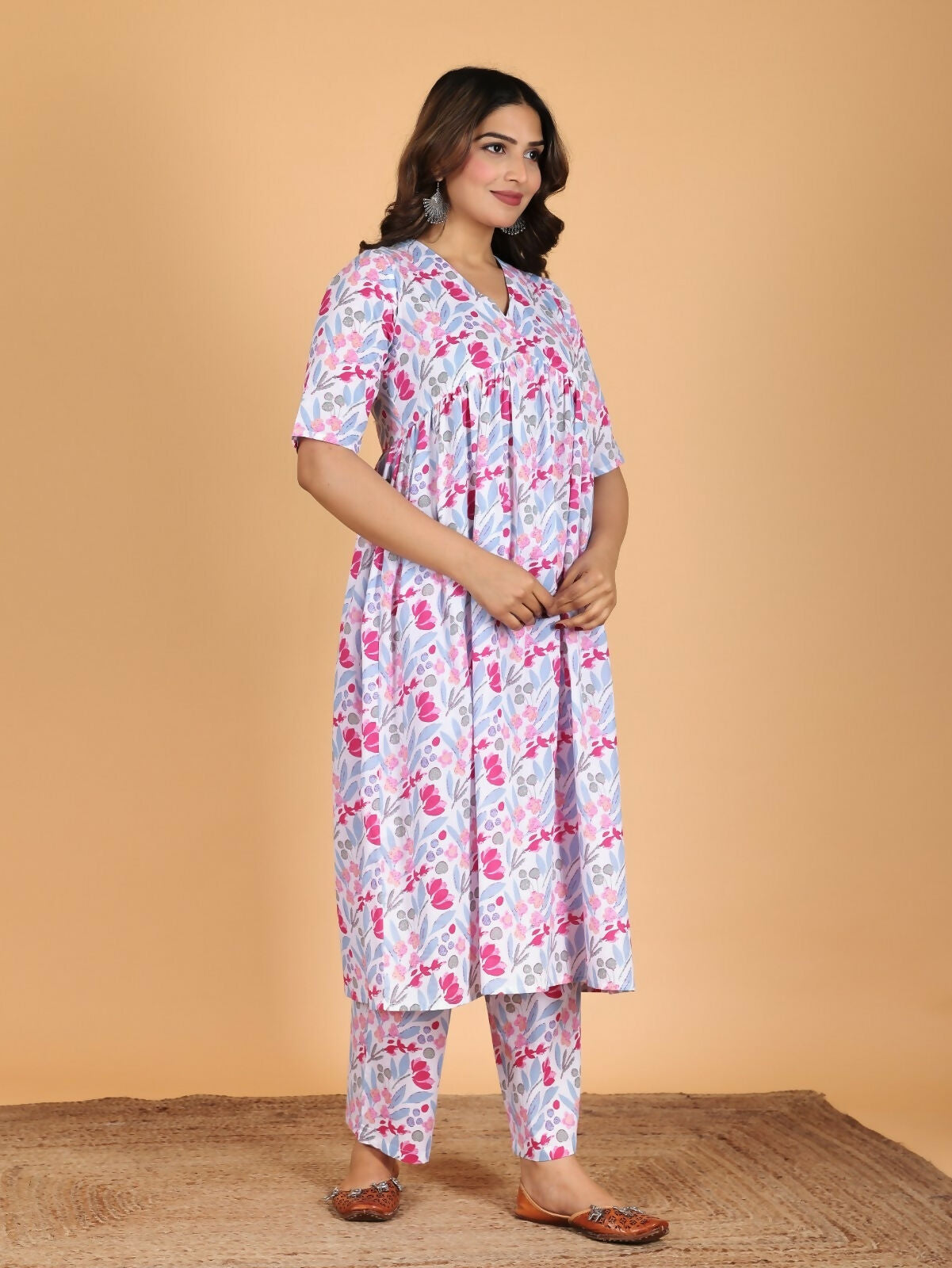 Women's Pink Soft Cotton Floral Anarkali Kurta for Women