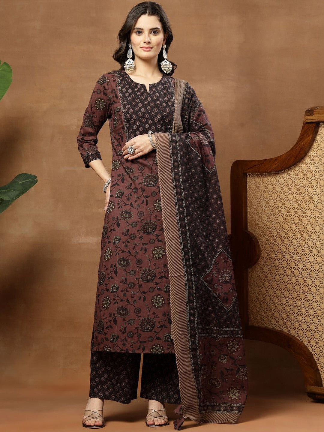 Dhiyona SN Printed Pure Cotton Round Neck Kurta & Palazzos With Dupatta