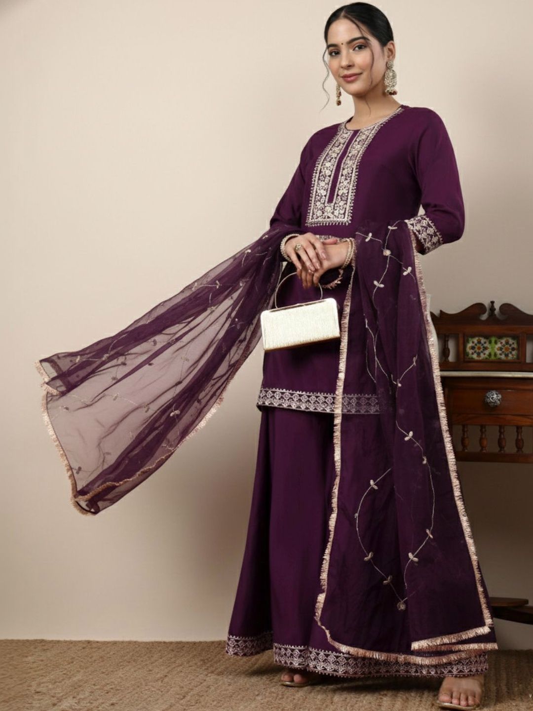 Dhiyona HOP Embroidered Round Neck Straight Kurti & Sharara With Dupatta