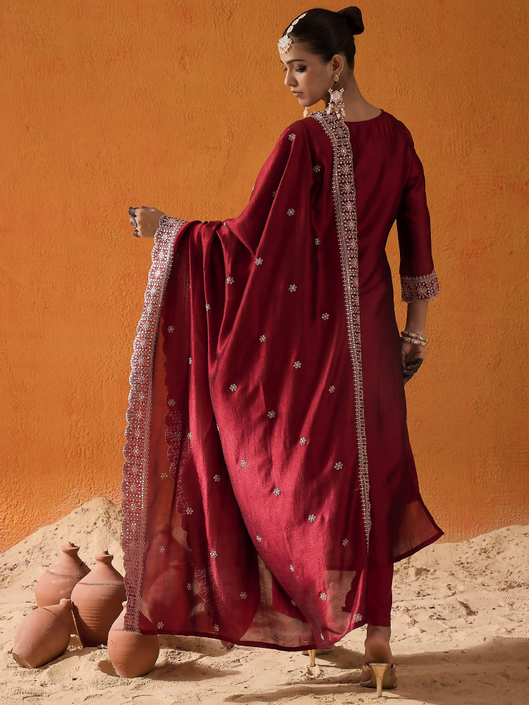 Women's Maroon Embroidered Straight Kurta Trousers With Dupatta set