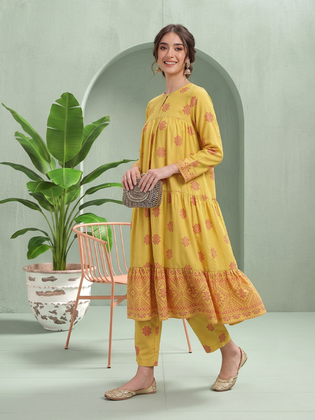 Printed Tiered Kurta with Trousers