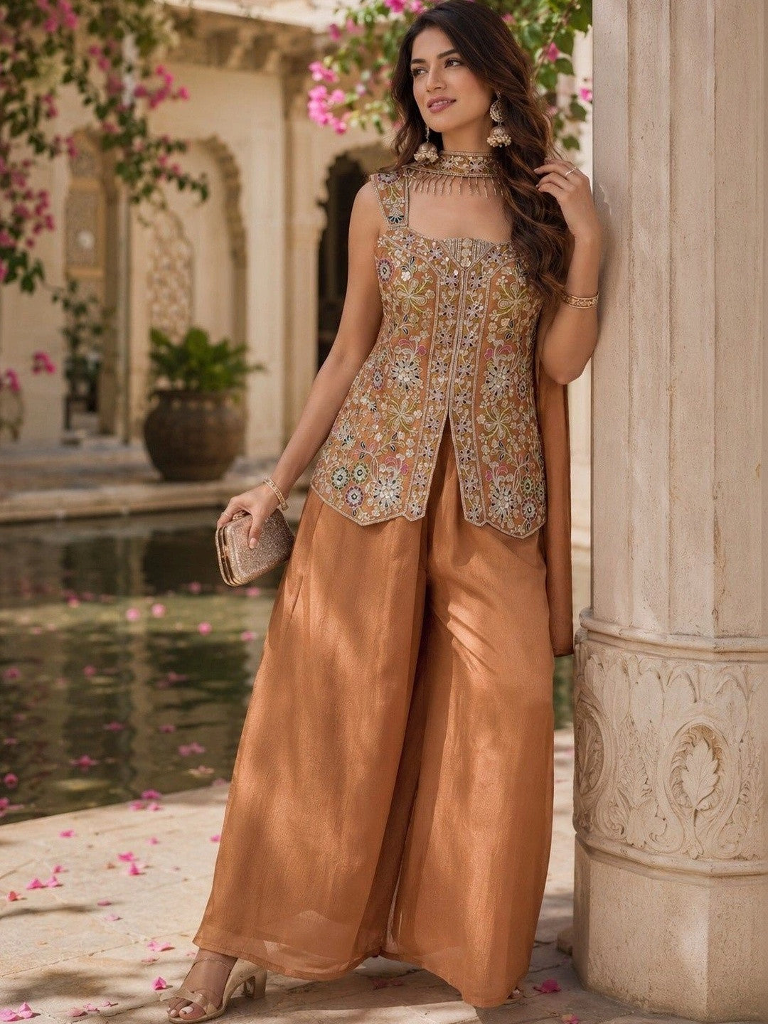 Women Ethnic Motifs Embroidered Angrakha Kurti with Palazzos & With Dupatta