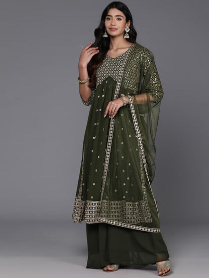 Dhiyona KL Floral Embroidered Pleated Sequinned A-Line Kurta With Palazzos & Dupatta