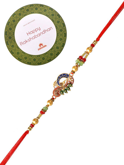 Dhiyona Red Stone Studded & Beaded Thread Rakhi With Roli Chawal & Greeting Card