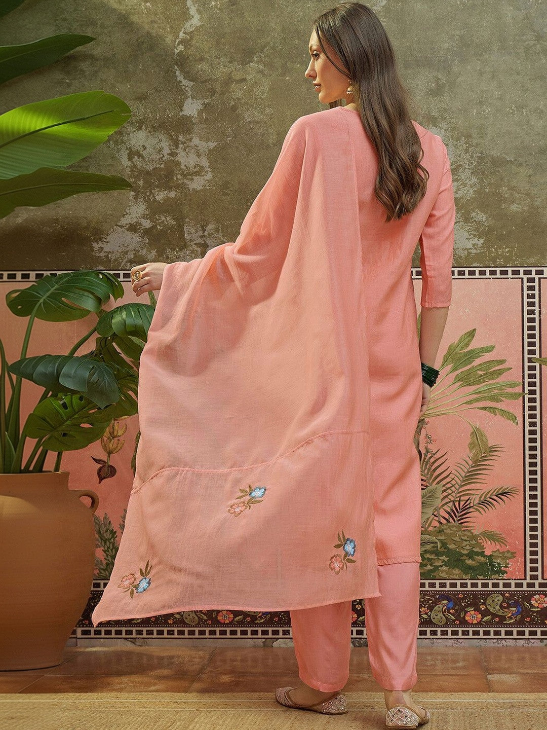 Embroidered V-Neck Kurta & Trousers With Dupatta