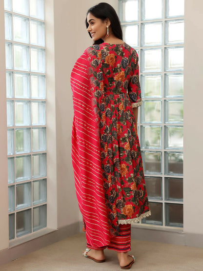 Women's LB Pink Printed Silk Blend A-Line Kurta With Trousers & Dupatta