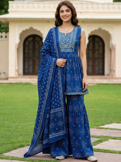 Dhiyona AN Women Ethnic Motifs Printed Empire Thread Work Pure Cotton Kurta with Sharara & With Dupatta