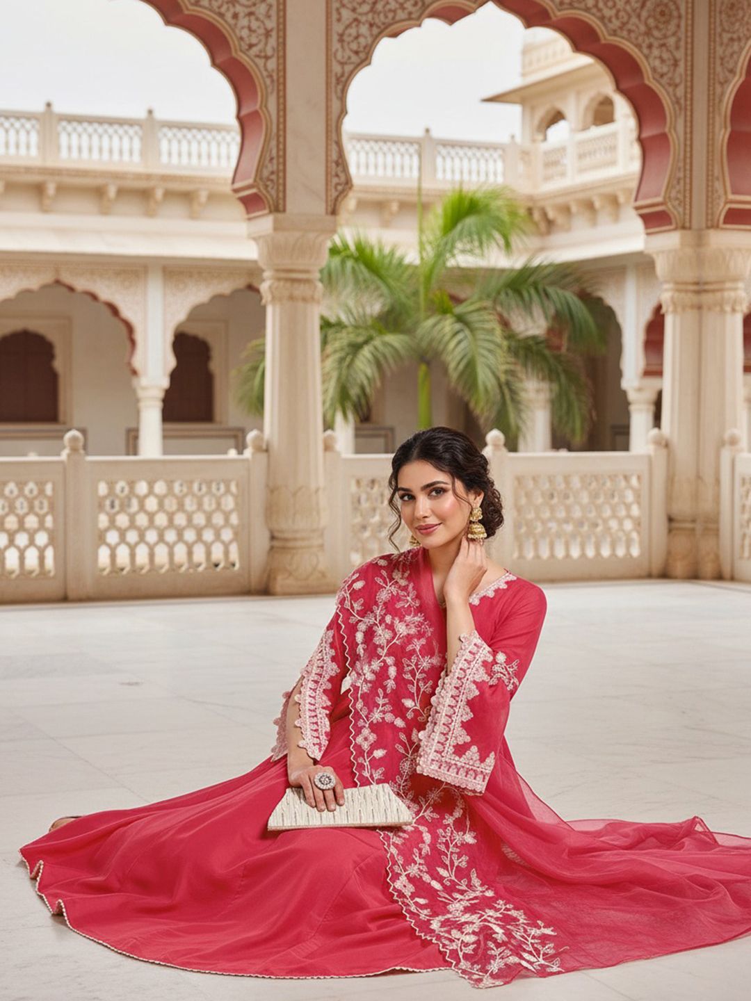 Dhiyona KL Women Embroidered Empire Thread Work Kurta with Palazzos & With Dupatta