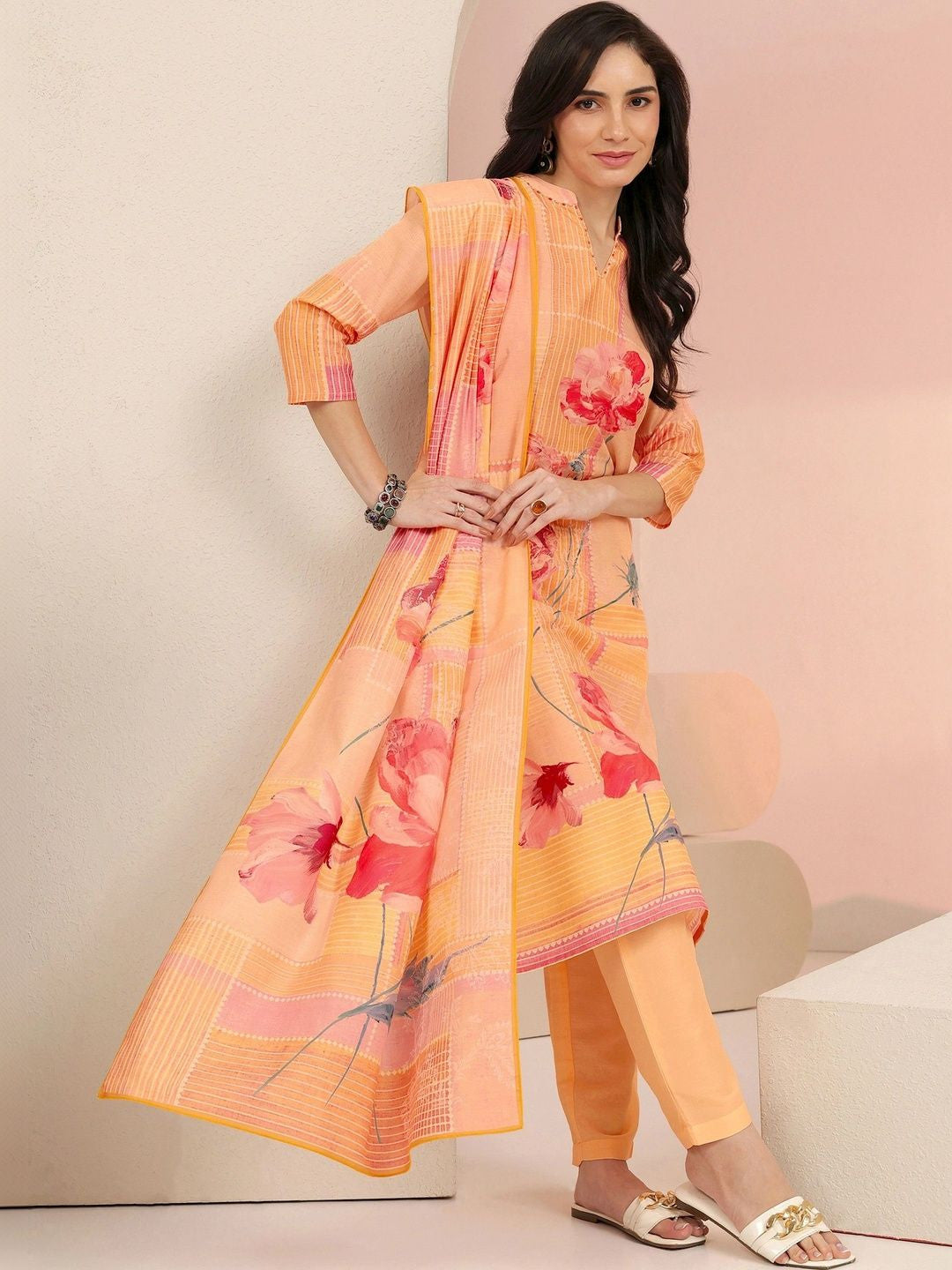 Peach Floral Printed Muslin Straight Suit Set