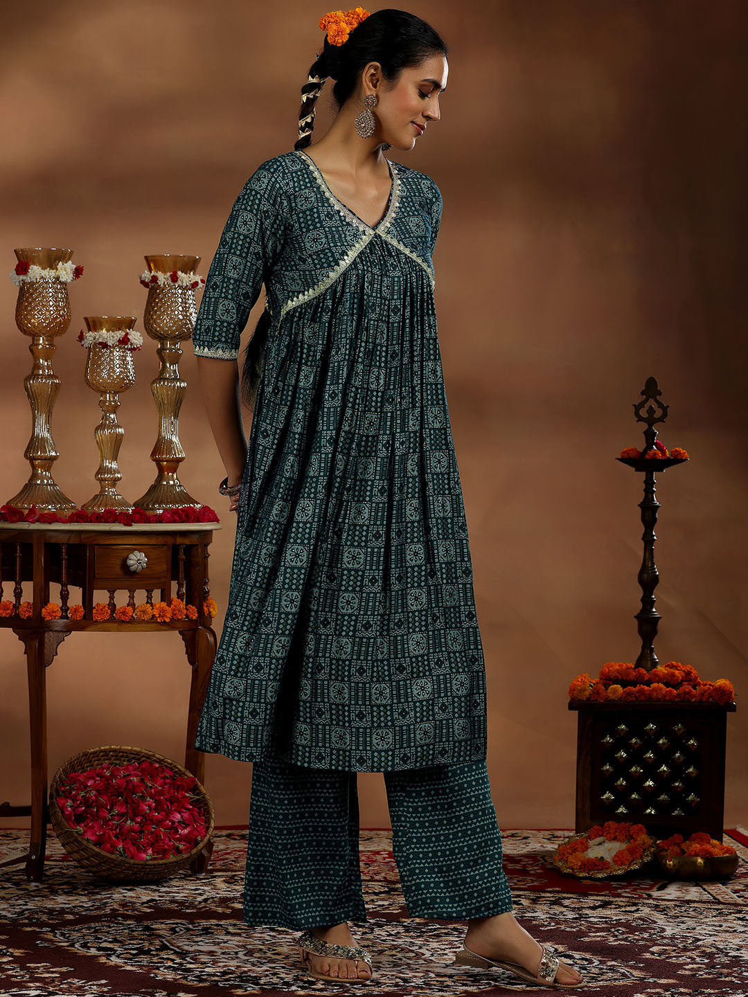 Women Ethnic Motifs Printed Angrakha Thread Work Kurta with Trousers & With Dupatta