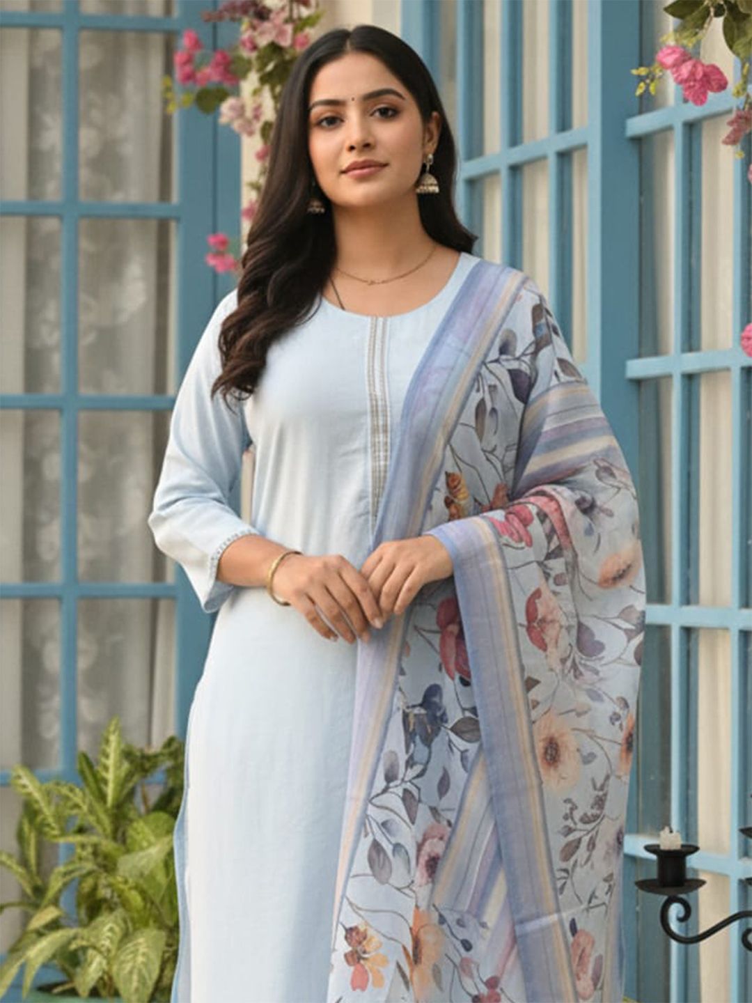 Dhiyona IE Roun Neck Straight Kurta With Trousers & With Dupatta