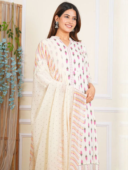 Dhiyona KL Floral Printed Mandarin Collar Anarkali Kurta With Leggings And Dupatta