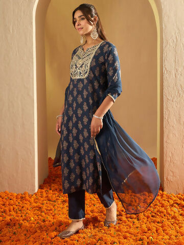 Women's Blue Embroidered Straight Kurta Palazzos With Dupatta Set