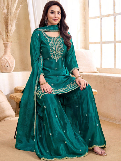Embroidered Round Neck Kurta & Palazzos With Dupatta