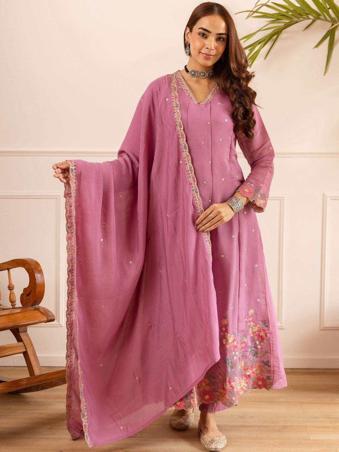 Dhiyona SN Women's Pink Mulmul Chanderi Kurta Pant Dupatta Set