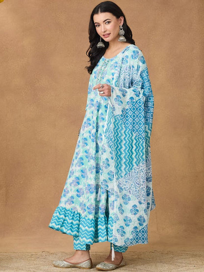 Women Floral Printed Miror Embroided Neck Anarkali Kurta Set With Tasseled Dupatta